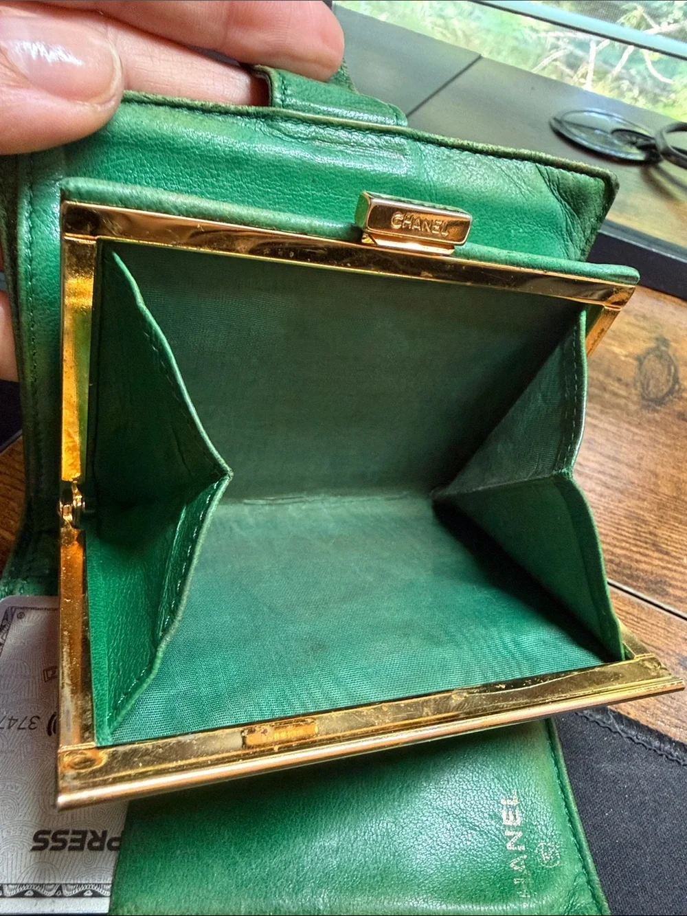 CHANEL Green Quilted CC Leather Wallet